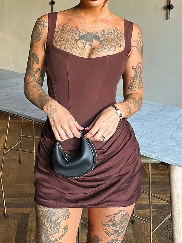 Nibber Peach Hip Dress Women Elegant Christmas Low Chest Sleeveless Ruched Patchwork Birthday Party Dating Chic Skinny Clubwear