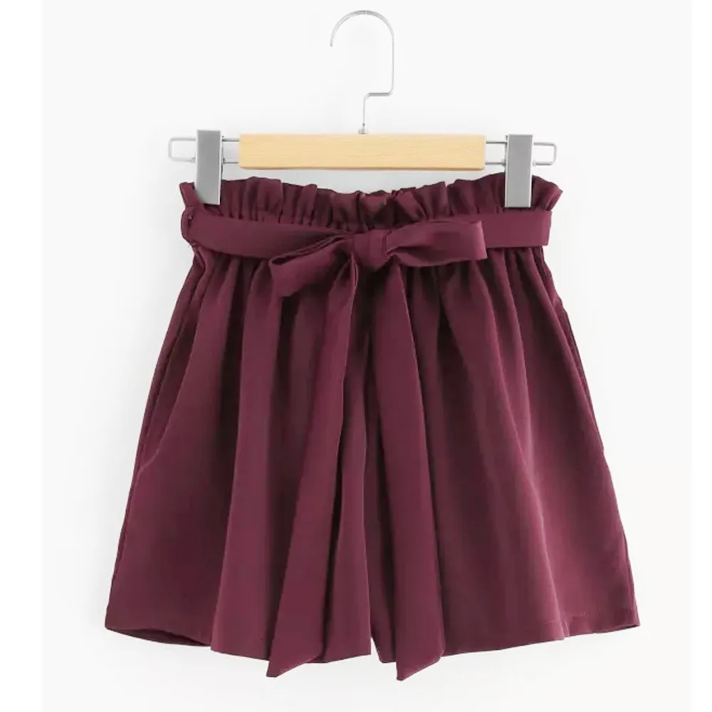 

Women Solid With String Casual Shorts Pocket Retro Ruffled Waist Mini Hot Short Pants Mujer Spring Summer Loose Comfy Cortos