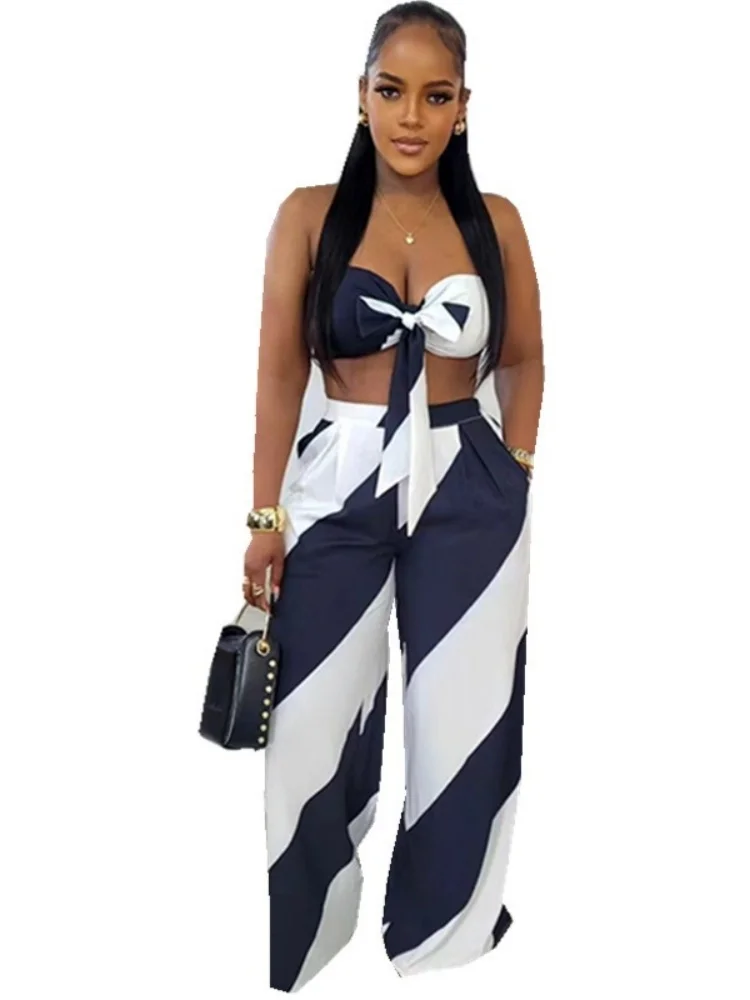 Wmstar Two Piece Set Women Wholesale New Woman Clothing Sexy Strapless Fashionable Printed Set Loose Wide Leg Pants Matching