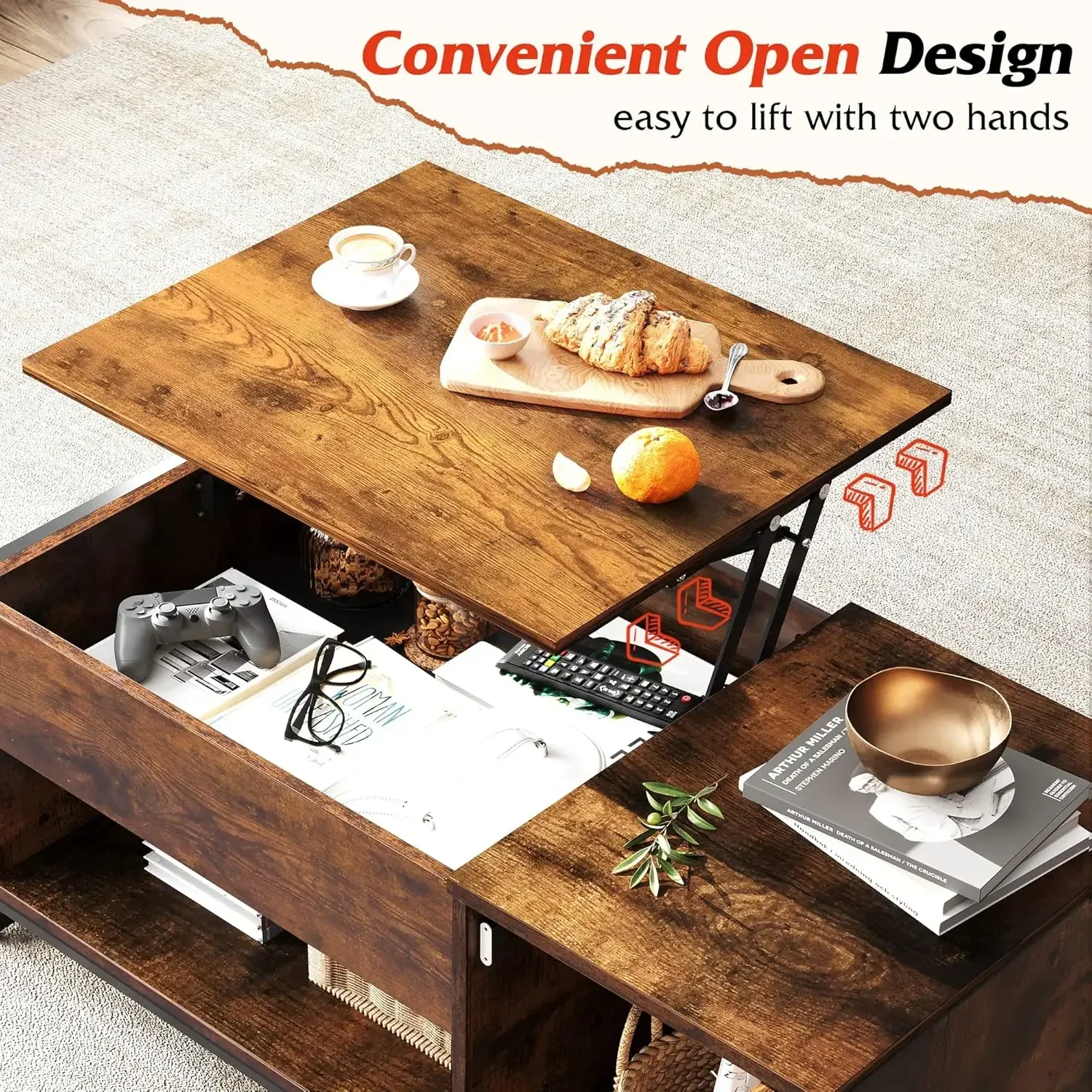 Coffee Table, 41.7" Lift Top Coffee Table with Hidden Compartment and Storage Cabinet, Wood Center Table , Rustic Brown 6