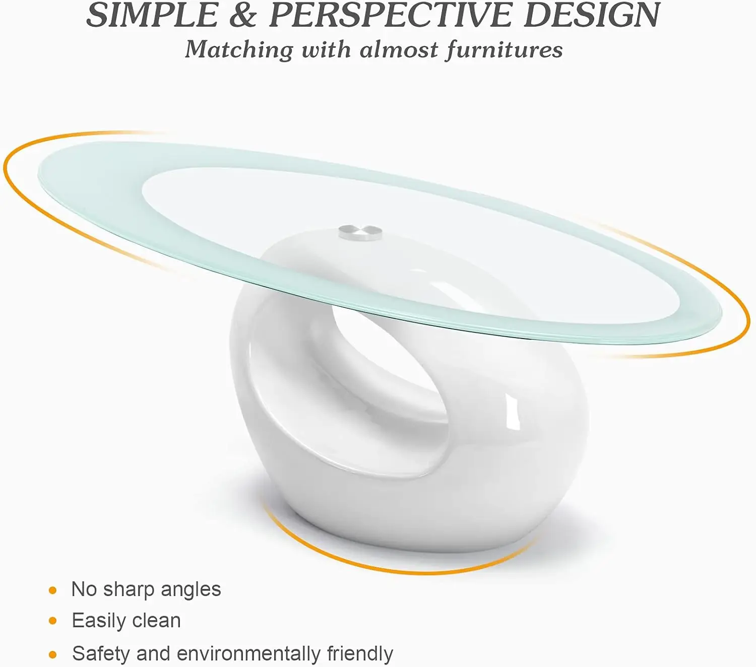 Contemporary Glass Coffee Table for Living Room, Oval Glass Table Set, Tempered Glass Top & Glossy Solid Base , White 6