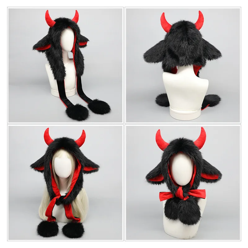 Purely Handmade Unisex Winter Plush Yak Animal Hat With Pom Pom Long Strap Ski Warm Earmuffs Beanie Cosplay Costume Earmuffs