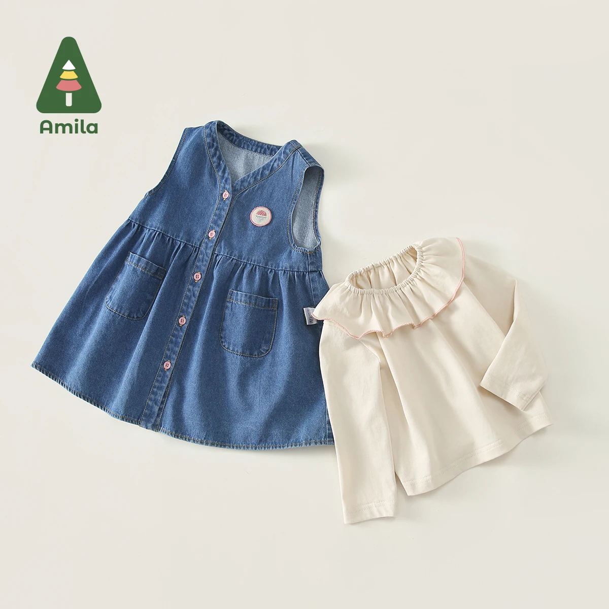 Amila-어린이 드레스 세트, 2022 년 가을 새로운 긴 소매 티셔츠 + 데님 드레스 정장, 여아용 귀여운 생일 아동복