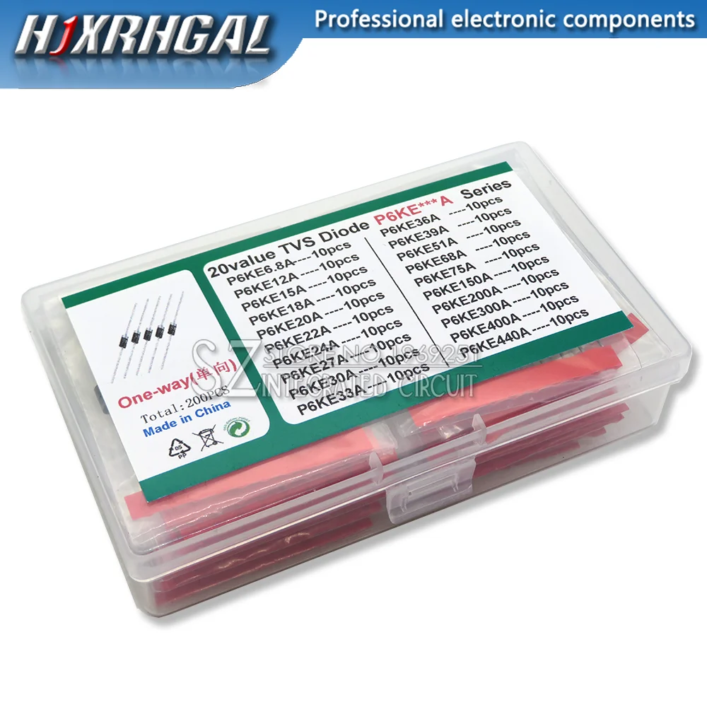 20 Valori * 10 Pz = 200 Pz Kit Transistor Tvs P6Ke6.8A/Ca 12/15/18/20/22/24/27/30/33/36/39/51/68/75/150/200/300/400/440/A/Ca Diodo