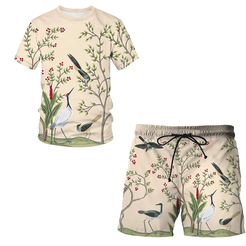 

Printed 3D Men's Flower, bird and plant illustration T-shirt +Shorts Beach Sets Breathable Short Sleeve Male Casual Street Suit