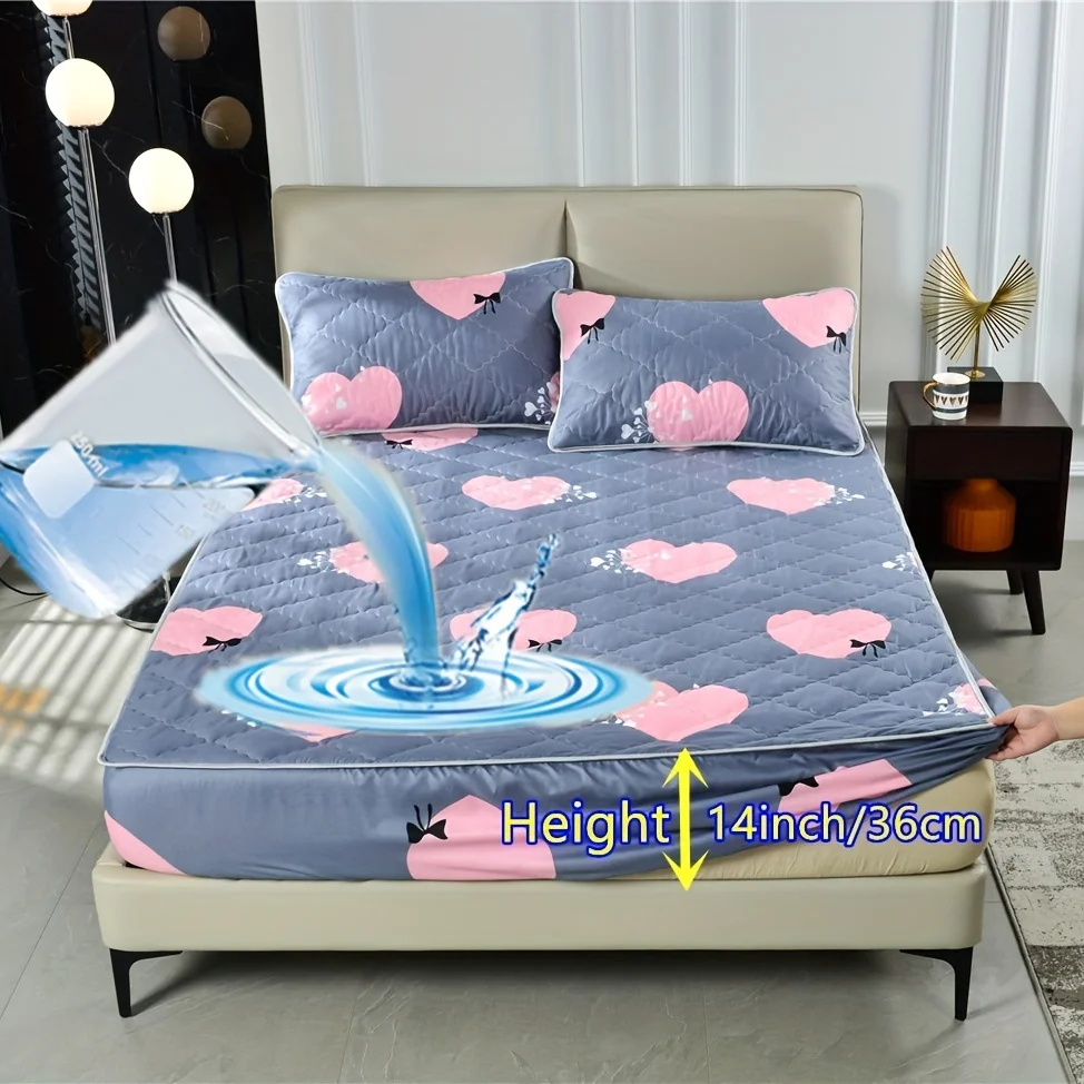 

3pcs Heart Print Waterproof Mattress Protector Set - Dustproof Fitted Sheet For Bedroom, Guest Room, And Hotel - Includes 1pc Ma