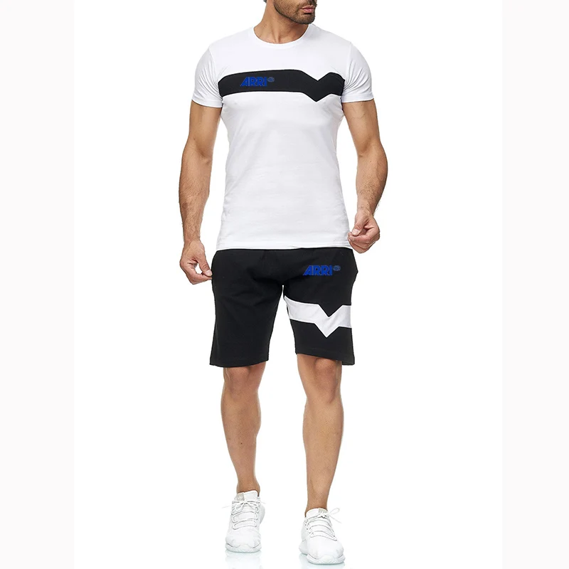 2023 new men's summer movie relay camera Arri printed short-sleeved sportswear striped top outdoor leisure pants suit