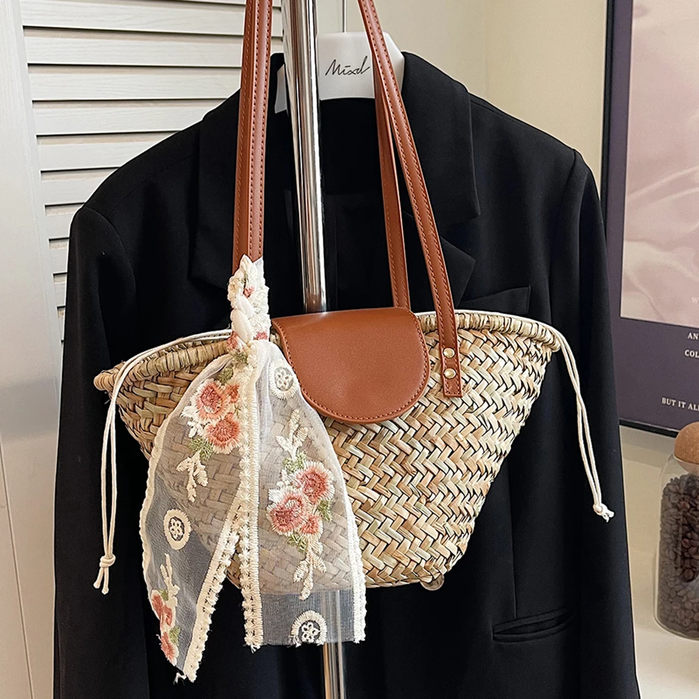 Straw Woven Beach Bag Summer Hand-Woven Underarm Bag with Ribbon Women Large Capacity Knitted Tote Bag Bohemian Braiding Handbag