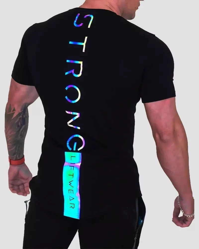

new T-shirt Men Short sleeve Cotton T-shirt Casual reflective Slim t shirt Fitness Bodybuilding Workout Tee Tops Summer clothing