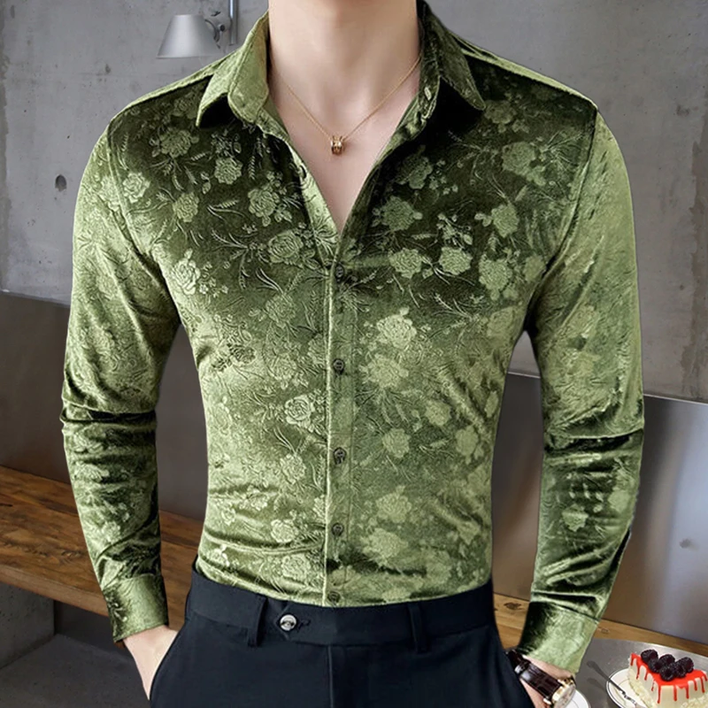 

2024 Весенняя Мужская рубашка с длинными рукавами, роскошная винтажная приталенная рубашка с цветочным принтом, Уличная Повседневная рубашка, Мужская одежда, Camiseta Masculina