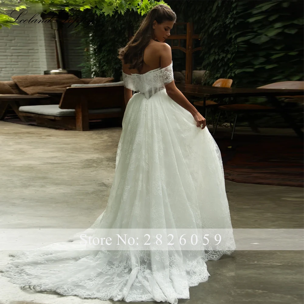 Lceland Poppy Customized A Line Boat Neck Lace Wedding Dresses Floor Length Illusion Beaded Bridal Gowns with Court Train