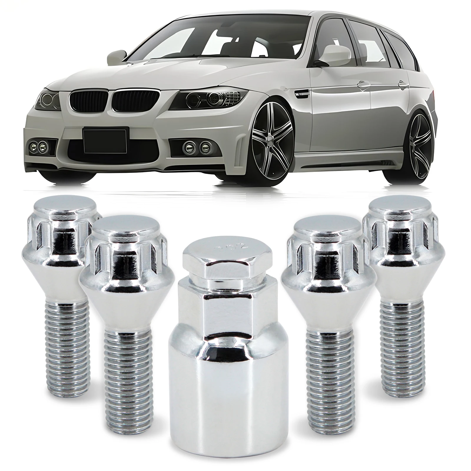 BMW 3シリーズ E90 E46 メッキボルト10本＆スペーサー2枚セット PCD120 ハブ付き20mm厚(車両ハブ高17mm以下に適合) BMW 3シリーズ用アルミホイールロックボルト,m12 x 1.5, 17mm六角26mm