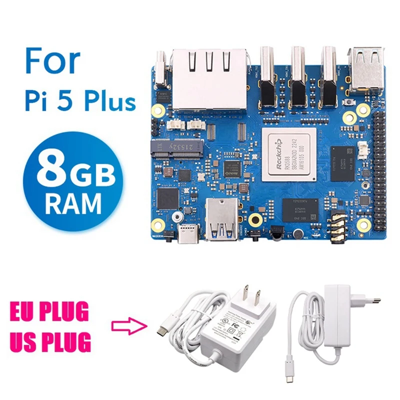 오렌지 파이 5 플러스용 개발 보드 세트 키트, EU 플러그, 8GB RK3588 64 비트 2.5G M.2 슬롯, 지지대 2230 와이파이 6 BT 모듈 키트