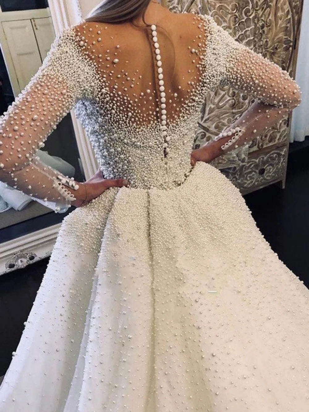 Romantic Floor-length Wedding Dress Classic Pearls O-neck Bridal Gown Luxury Long Sleeve A-line Bride Dresses Vestido De Novia