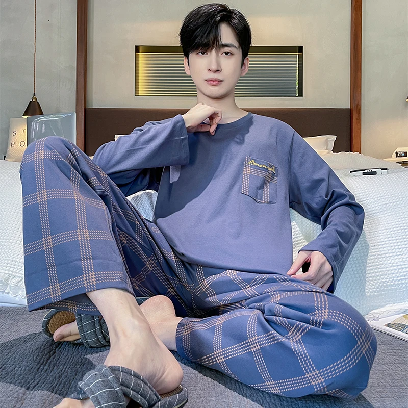 Autumn Men's Pure Full Cotton Pajamas Plaid Sleepwear Big Yards L-4XL Pajama Sets Casual Sleep&Lounge Pyjamas Pijamas Hombre