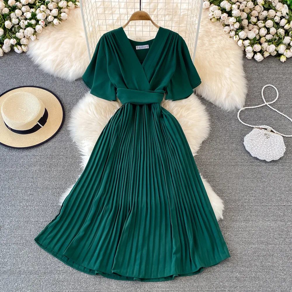 

Elegant Retro Summer Women's Dress Solid Color V-Neck Lace-Up Waist Slim Midi Pleated Dress Office Lady Party Vestidos De Mujer