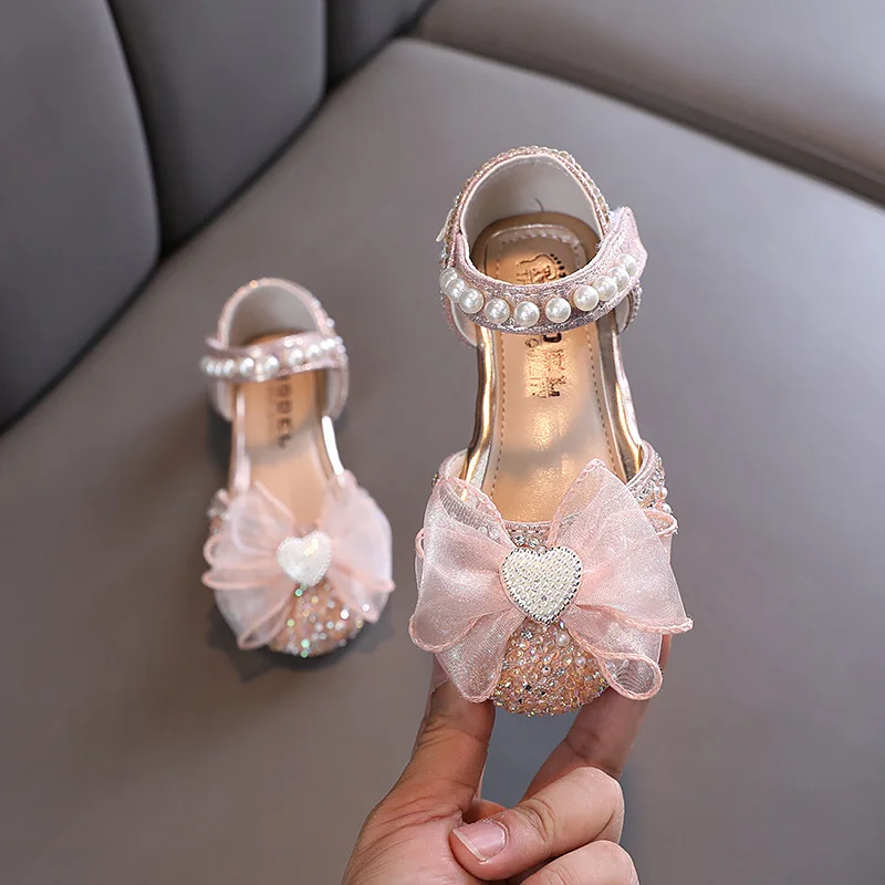 AINYFU New Kids Pearl Bow Princess Sandals Girls Rhinestone Dress Shoes Children's Sequin Lace Dance Flats Sandals Size 21-36