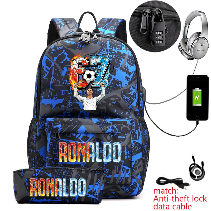 Cr7 Ronaldo 67 Print Anti-Theft Student Backpack with Pencil Case for Teenagers Kids School Daypack 2