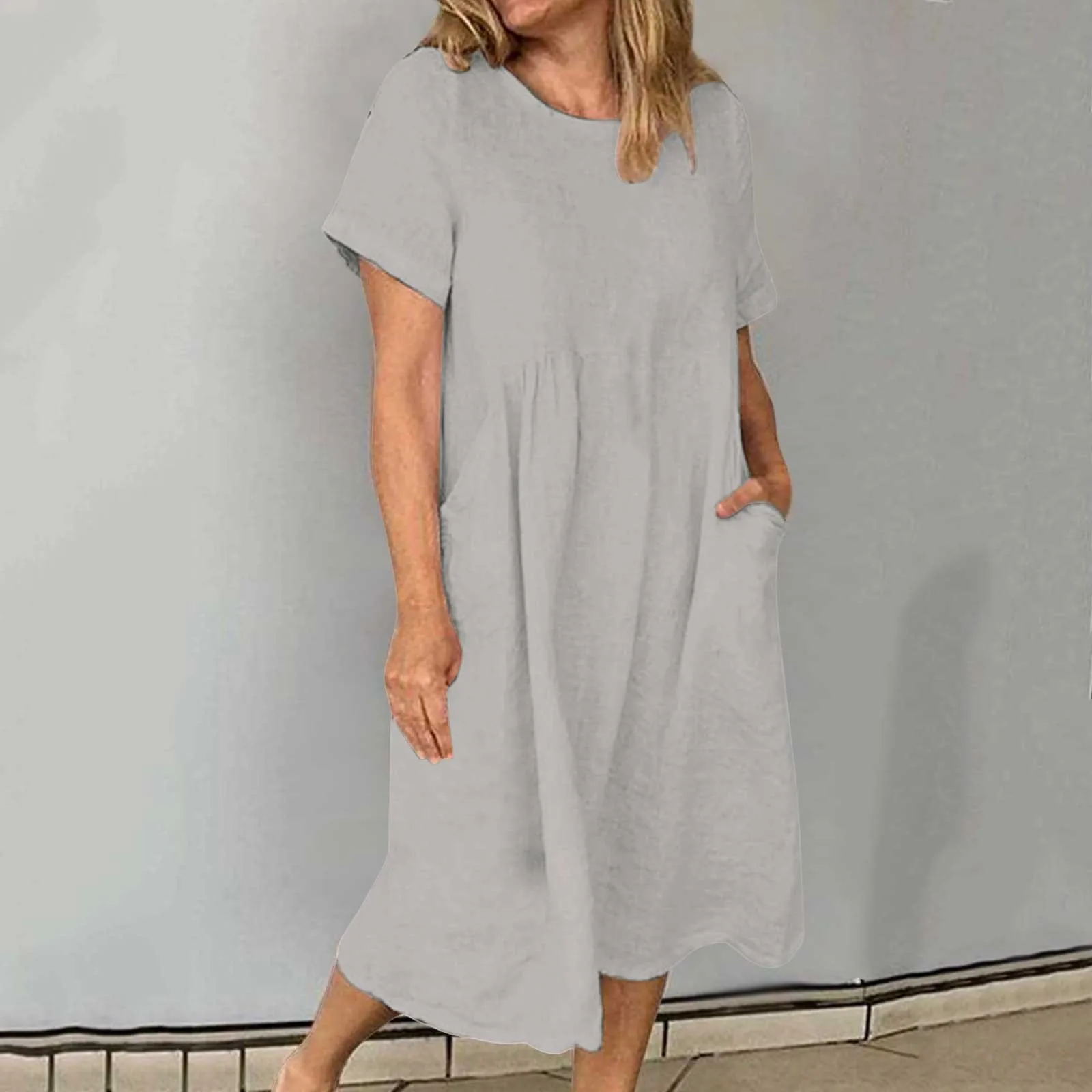 Vestido de lino de color liso a la moda para mujer, vestido de verano de manga corta de gran tamaño hasta la rodilla, vestido informal para fiesta en la playa, vestido de verano