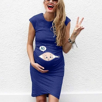 Summer Maternity Cartoon Baby Funny Print Dress, Casual Stretchy Short Sleeve Crew Neck Slim Fit Bodycon Long T-shirts 2