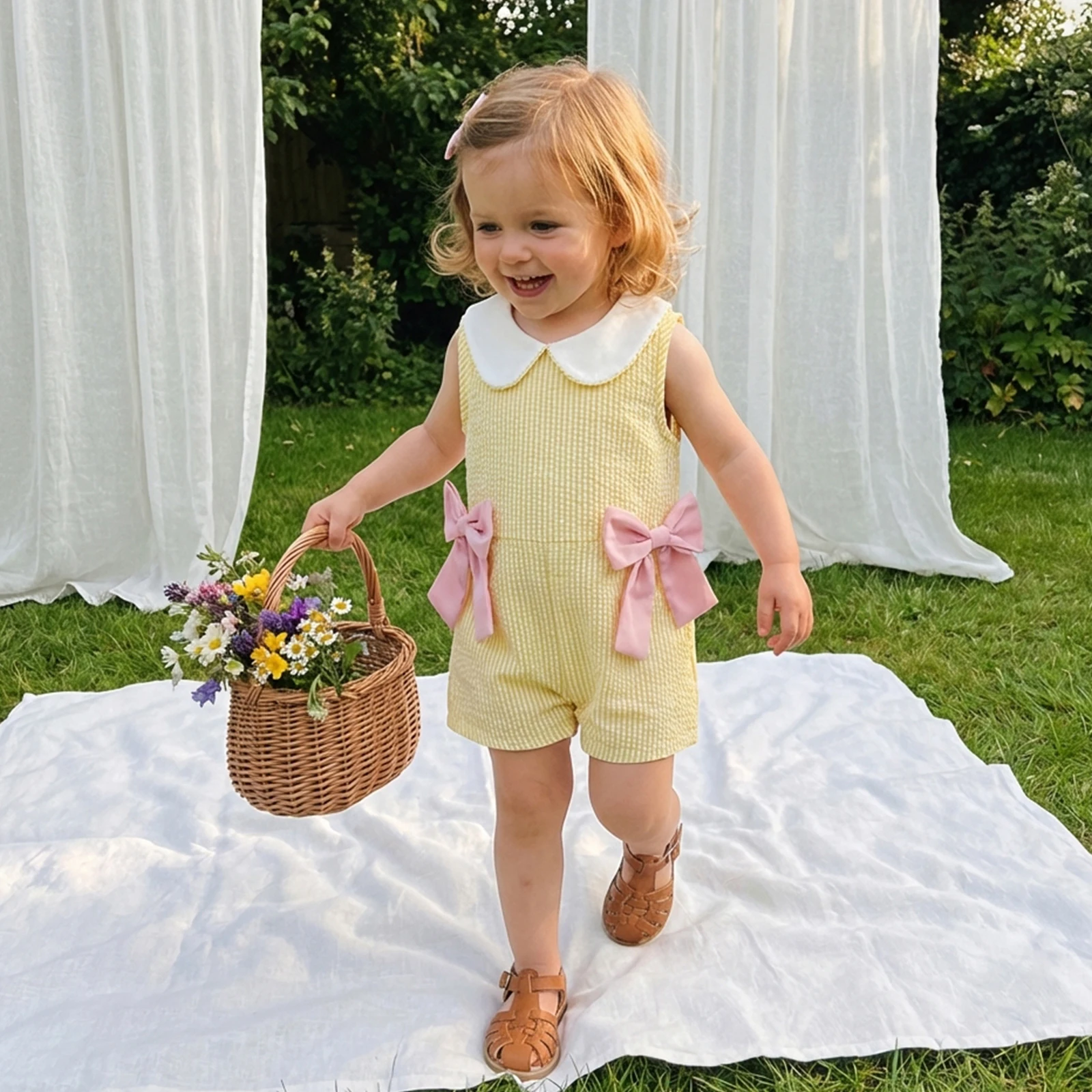 0-4Y Toddler Cute Doll Collar Jumpsuit for Girls Striped Bows Sleeveless Shorts Overalls 2026 Summer Casual Kids Clothes 6