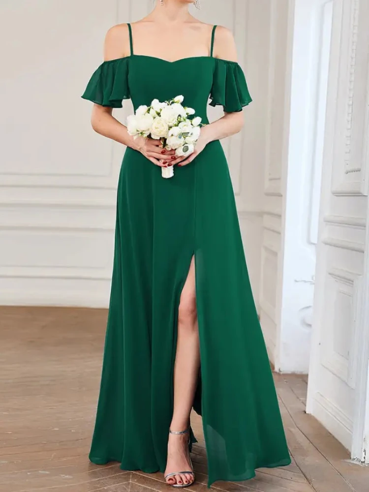 

Elegant Simple Solid Spaghetti Straps Slash Neck Design Evening Dresses Fashion Popular Soft Slim Long Chiffo Bridesmaid Gown