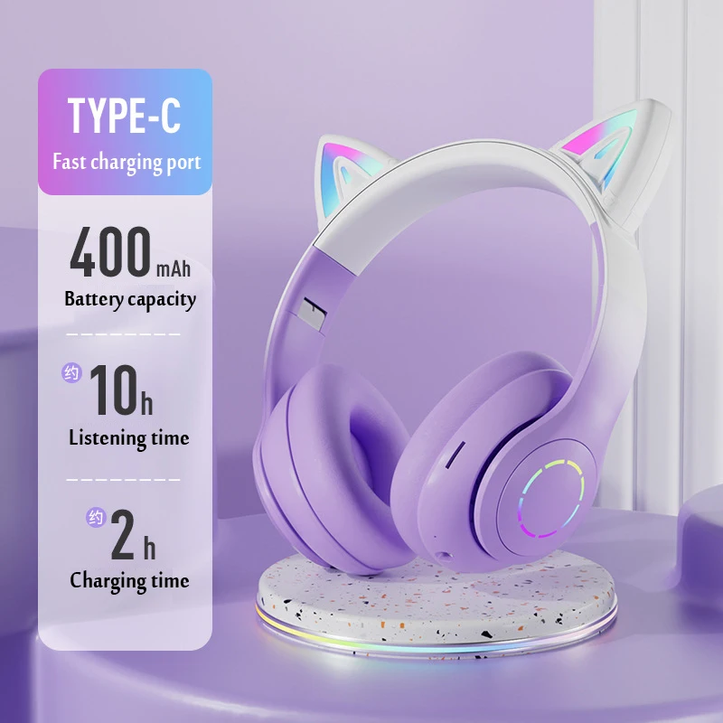 Auriculares inalámbricos con orejas de gato para niños, audífonos de música con Bluetooth, luz LED de Color degradado con micrófono, para jugadores, regalos de navidad encantadores