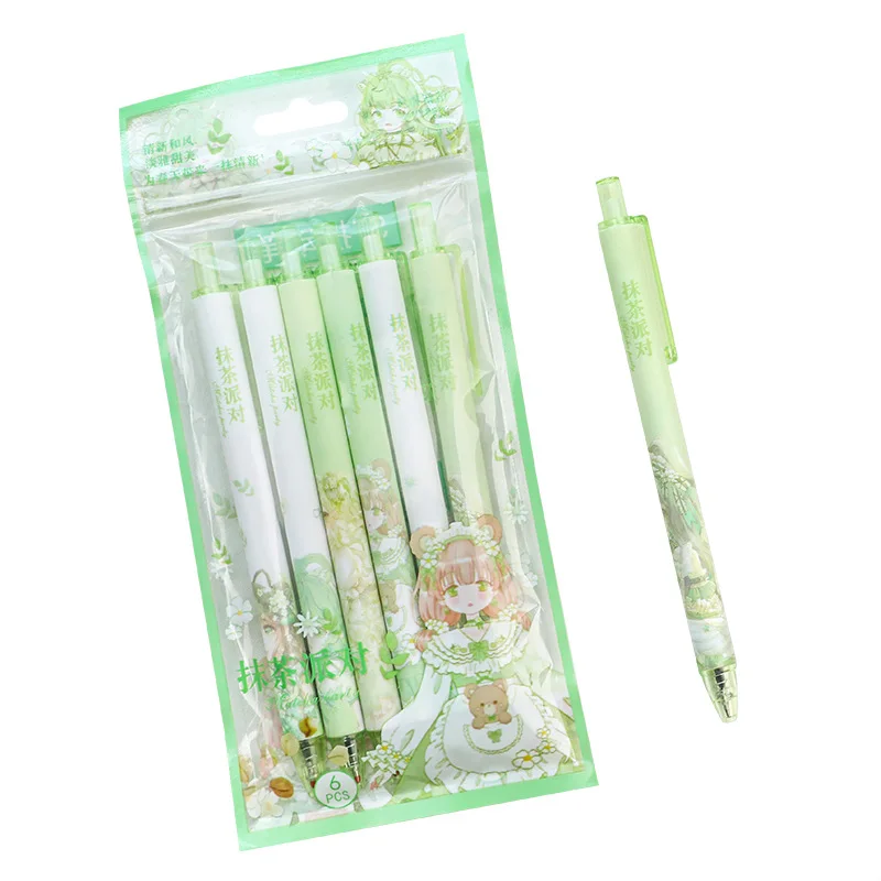 6pcs Cute Matcha Gel Pens Set Click Type 0.5mm Ballpoint
