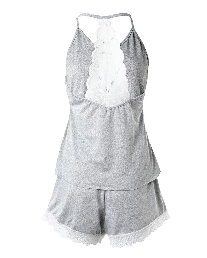 Women's Crochet Lace Pajamas Sleeveless V-Neck Set Casual Sleepwear Suit Sexy Solid Home Clothes Summer Wear 2 Pieces