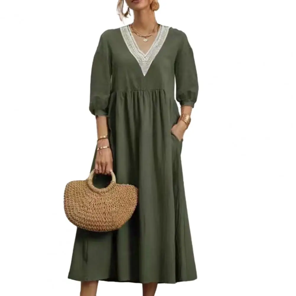 

Summer Women Dress V Neck Three Quarter Sleeve Loose A-line Pleated Soft Pockets Mid-calf Length Midi Dress