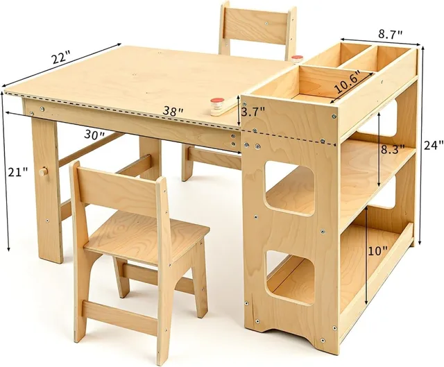 5-in-1 Kids Art Table and 2 Chair Set with Storage Cabinet, Wooden Craft Desk, Sensory Table with Paper Roll for Ages 2-12