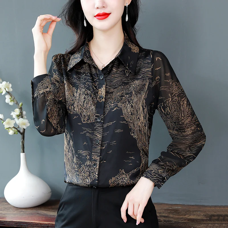 

Женская Весенняя Корейская простота, модная универсальная Свободная блузка-поло из шифона с длинным рукавом