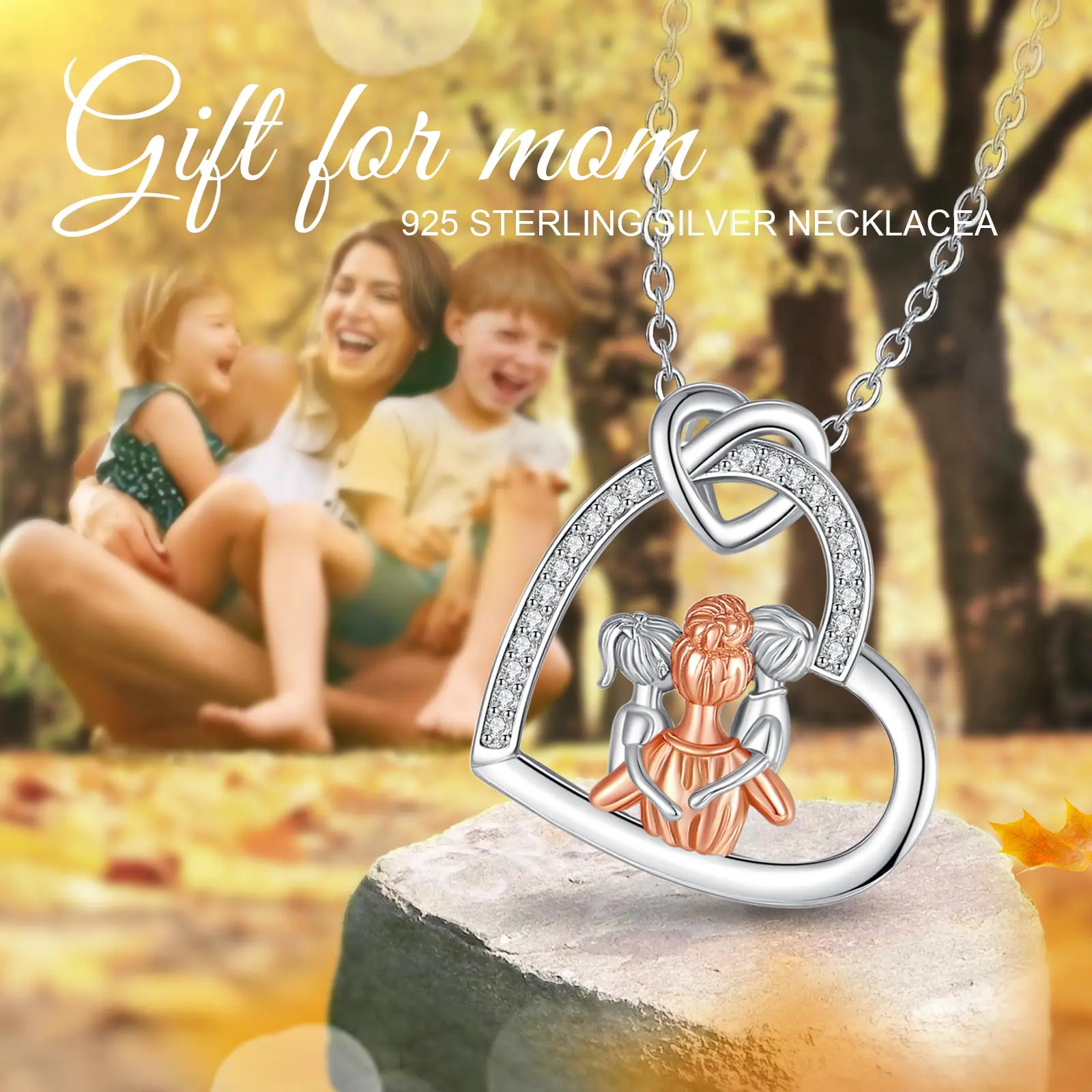 Silver Pendant Necklace 925 Sterling Silver Mother Kids Heart Zircon Rose Gold Mom Boy Girl