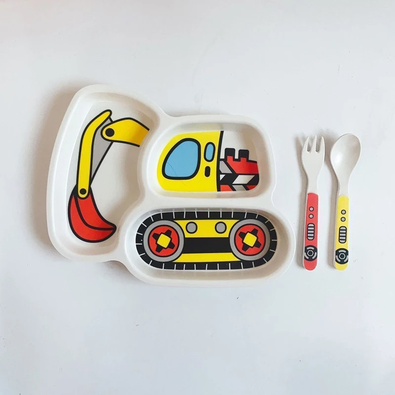 סט צלחות לילדים, צלחת מזלג וכף - סט של 3 חלקים - צלחות לפעוטות, כלי אוכל לארוחת ערב, סט צלחות מחולקות להאכלת תינוק