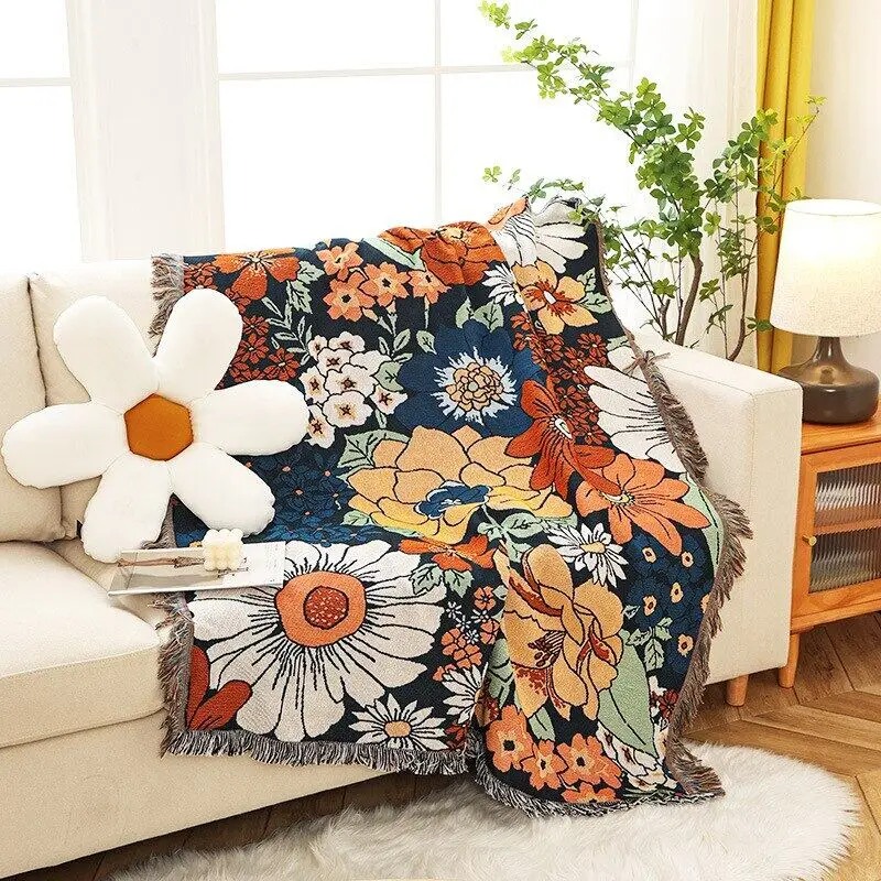 

Country Flower Sofa Towel Blanket Outdoor Camping Leisure Tapestry Decor Knitted Cotton Throw With Tassel