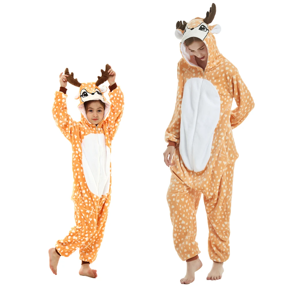 Adult Animal Kigurumi Cat Unicorn Sleepwear Winter Boys Girls Women Flannel Pajamas Sets Children's Onesies Mother Kids Jumpsuit