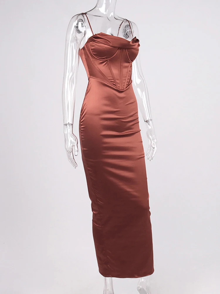 NewAsia Satin Corset Dress 2 Layer Lining Elastic Boned Underwire Split Cut out Cowl Neck Bodycon Dress Woman Sexy Party Dress
