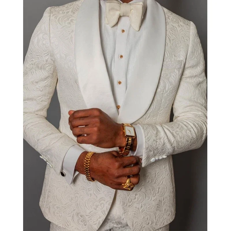 

Ivory Floral Jacquard Wedding Tuxedo for Groomsmen 2 Piece Slim fit Men Suits with Shawl Lapel African Male Fashion Costume