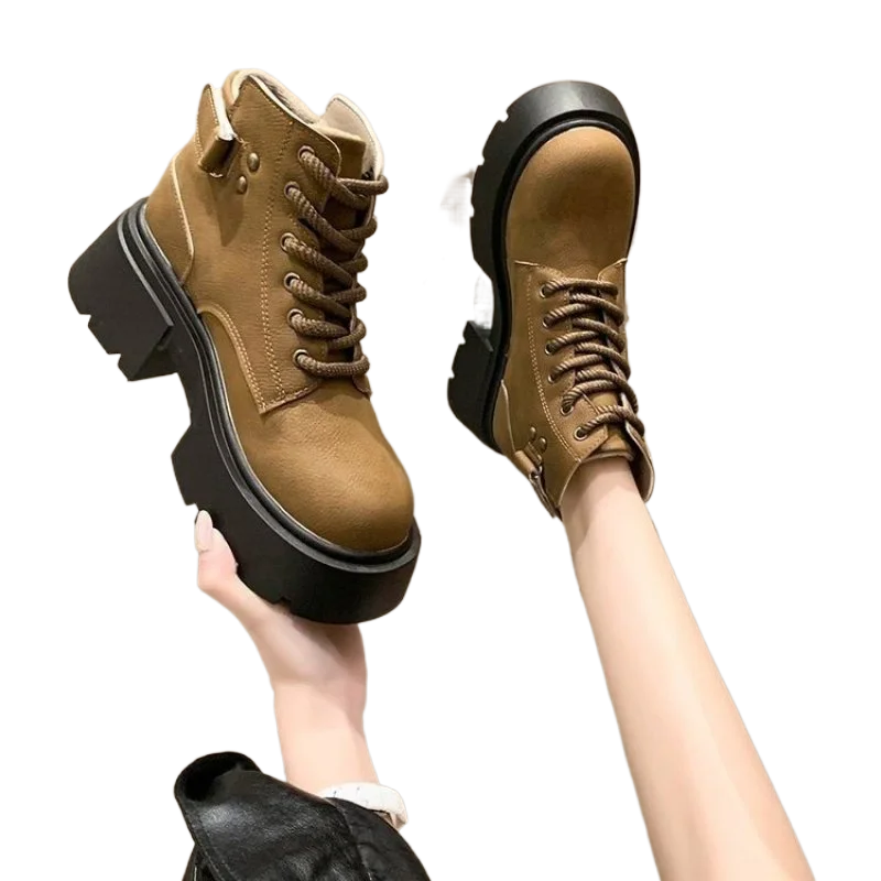 2024 Thick Soled High Rise Fashion Boots for Women Black Short Snow Boots British Style Ankle Shoes Winter Warm Leather Boots