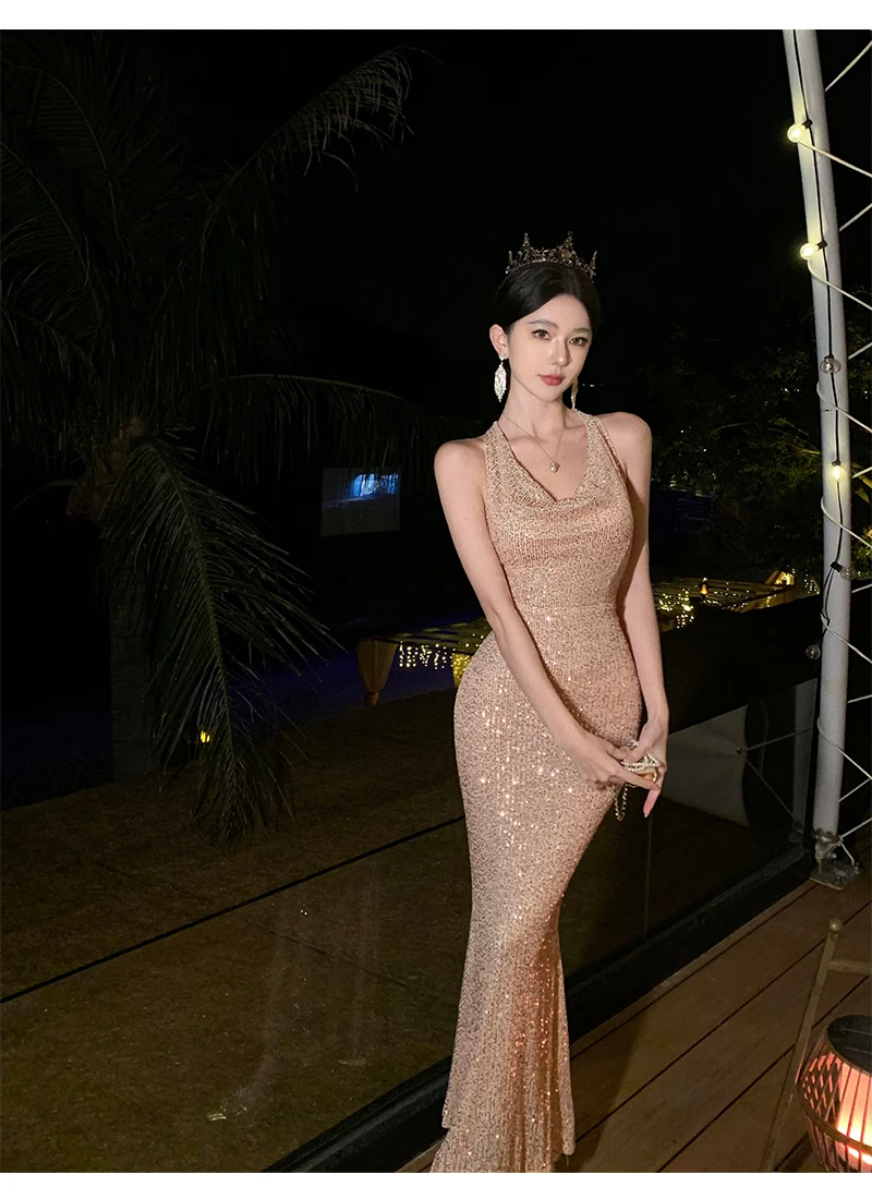 Sexy Bodycon Long Dresses for Women Halter Sleeveless Backless Evening Party Dress Sequined Prom Robe Summer Maxi Vestido Mujer