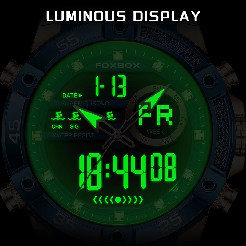 FOXBOX New Men's Watch Fashion Blue Silicone Waterproof Quartz Watches For Men Outdoor Sport Military Analog Digital Chronograph