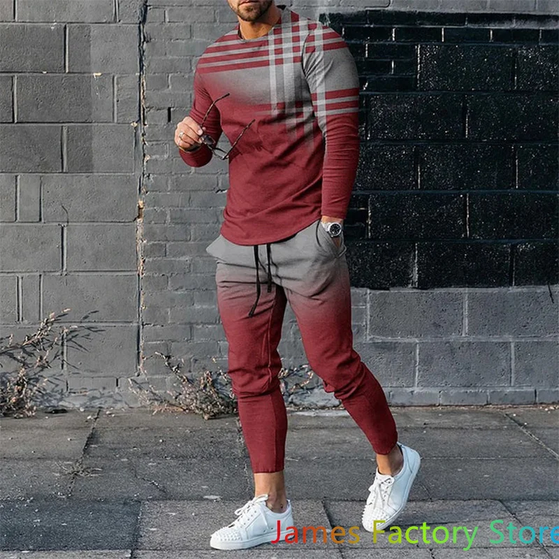 Men's Outfit Tracksuit 2 Piece Set Long Sleeve Trouser Streetwear Autumn Fashion Casual Oversized TShirt Jogger Trouser Set