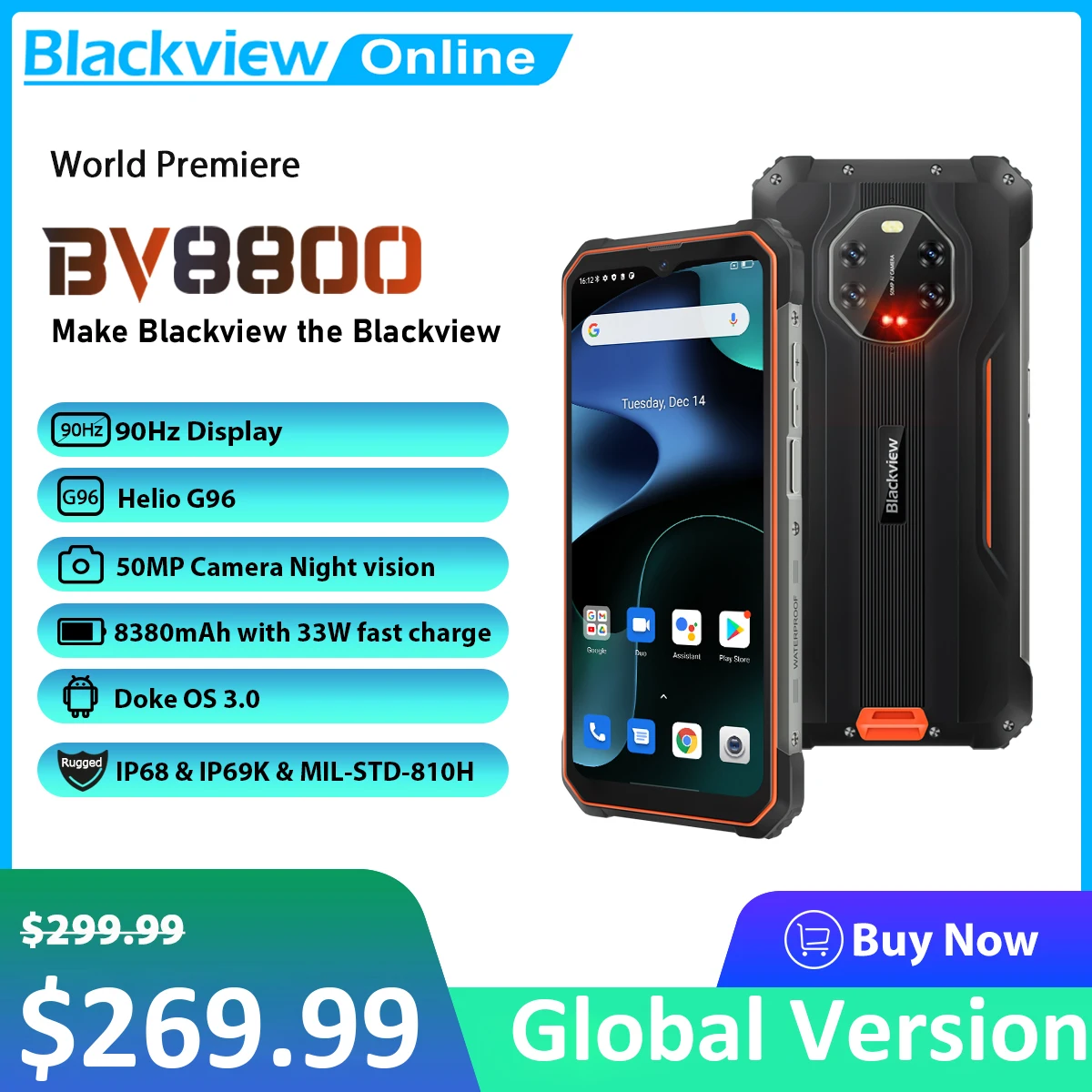 Смартфон BLACKVIEW BV8800 защищенный IP68 дисплей 90 Гц 8 ГБ + 128 Гб Helio G96 8380 мА · ч фотокамера
