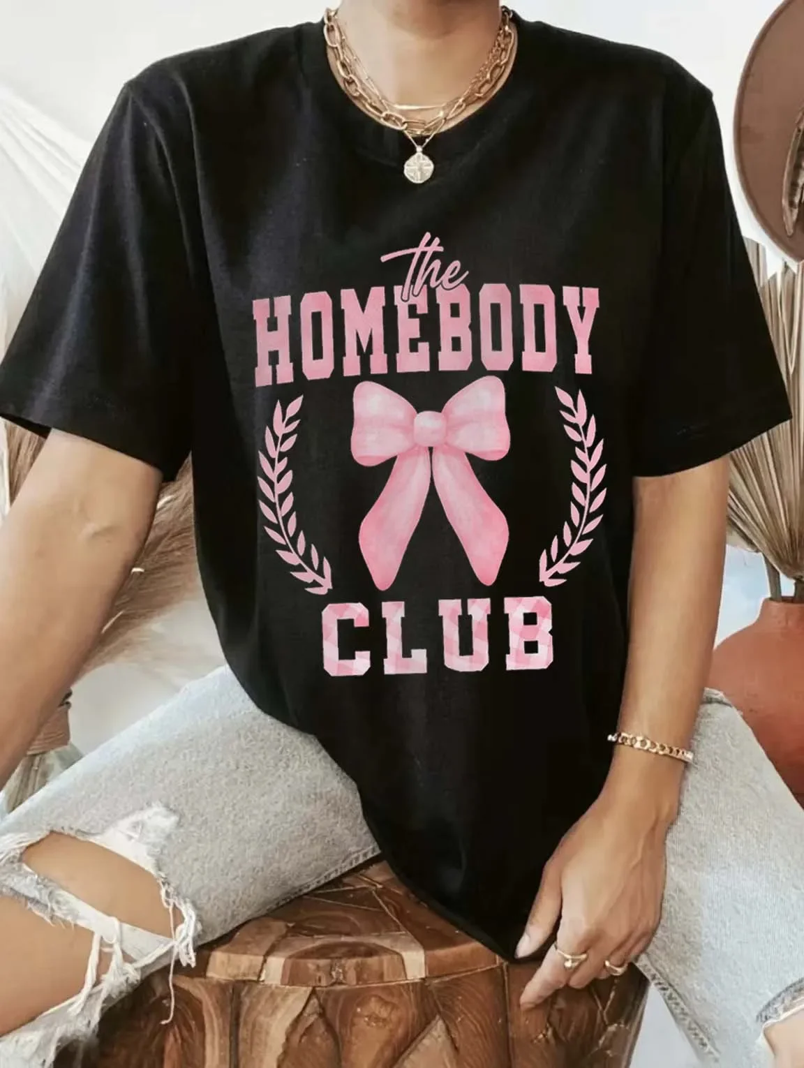 

The Homebody Club 90s Casual Women's Printed Pattern Fashionable Printed Black T-Shirt Short Sleeved Kawaii Women's Shirt T-Shir