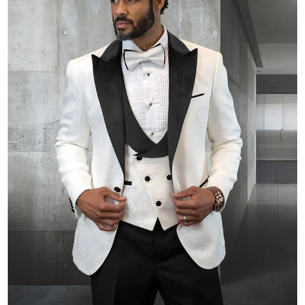 

Luxury Wedding Jacquard Men Suits Peak Lapel Luxury Male Clothing Tailor 3 Piece Jacket Pants Vest High Quality Full Set Costume