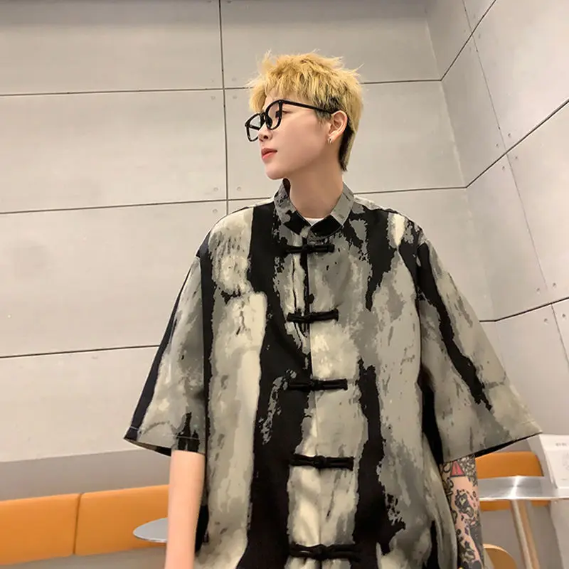 Summer Elegant Fashion Harajuku Slim Fit Ropa Hombre Loose Casual All Match Outerwear Stand Collar Button Short Sleeve Shirts