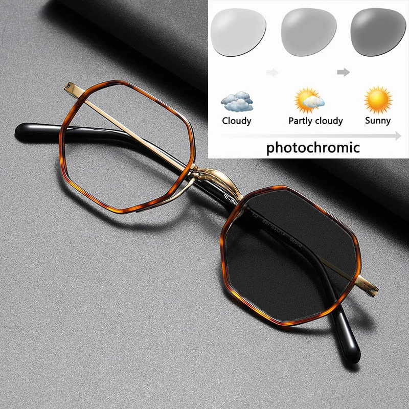 

Unisex Sun Glasses Luxury Brand Small Face Retro Tortoise Photochromic Reading Glasses Handmade Titanium Polygon Glasses Frame