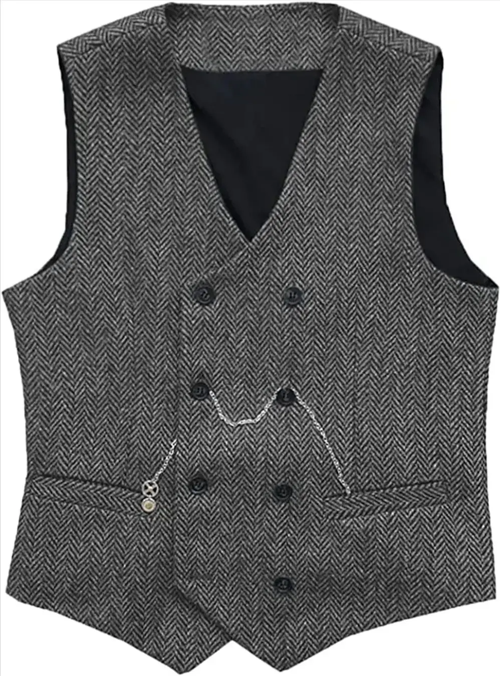 V Neck Men's Suit Vests Gray Herringbone Wool Tweed Double Breasted Waistcoat Tuxedo Groomsmen Wedding Groom One Piece Vest mens suit,dress vests