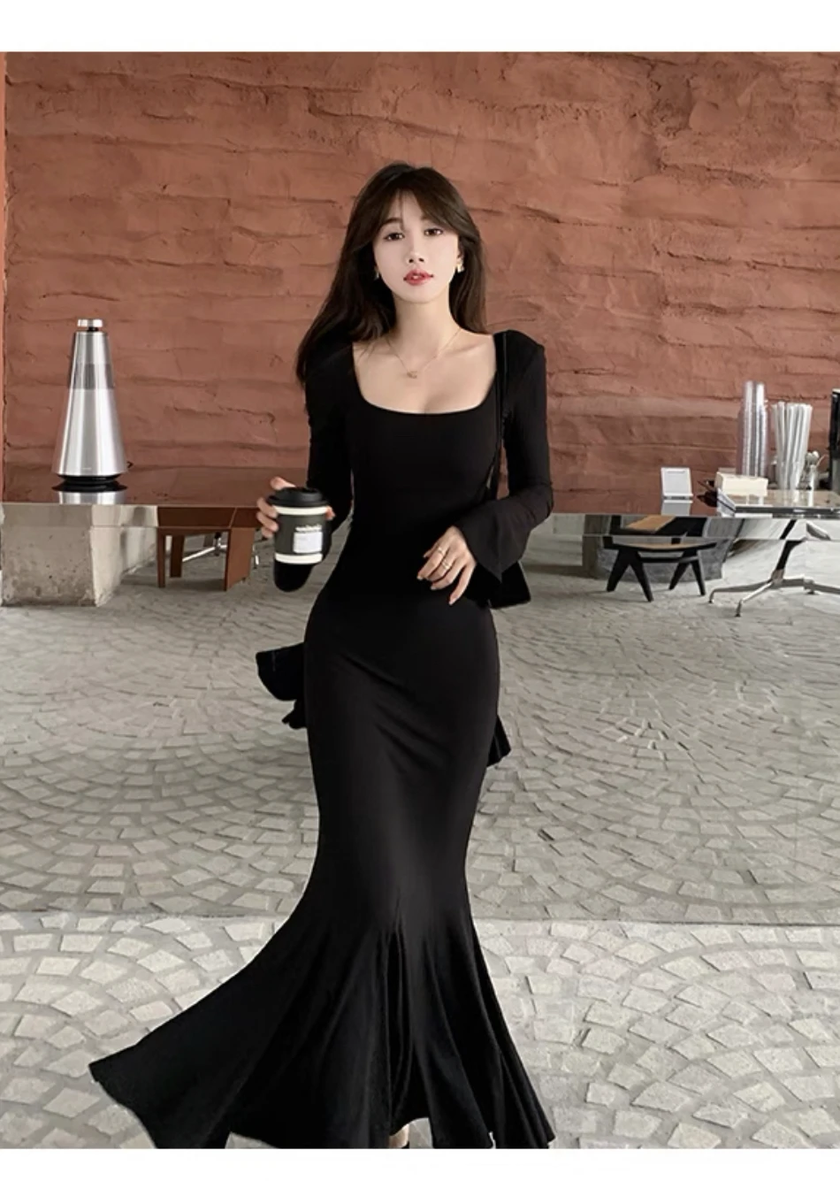 Vestidos largos de moda de otoño para mujer, mangas largas, cuello cuadrado, estilo coreano, corte entallado, sirena, elegantes, básicos, lisos, nuevos