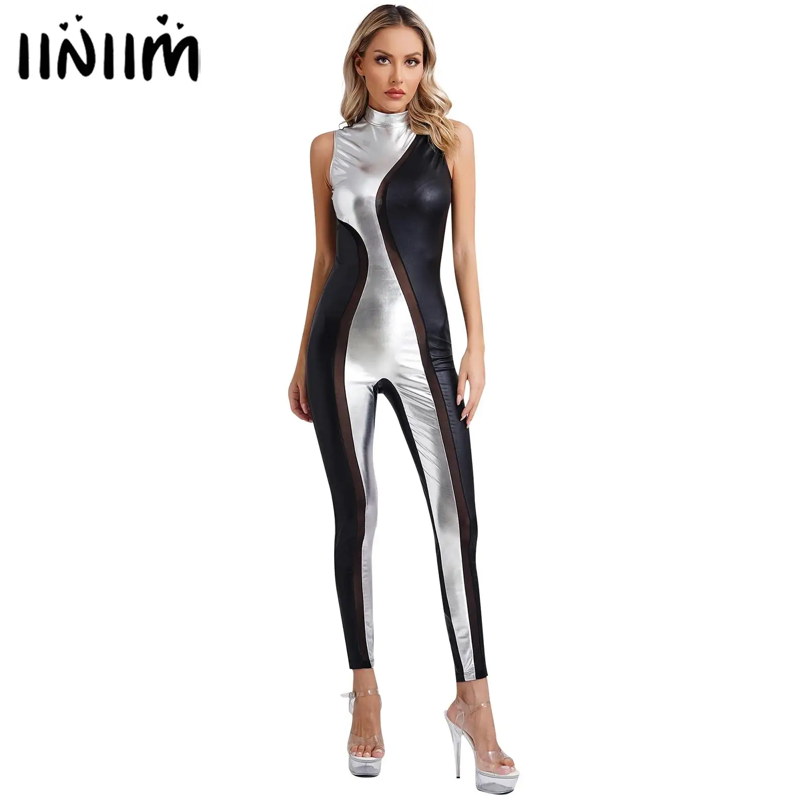 

Womens Bodycon Jumpsuit for Pole Dancing Clubwear Metallic Shiny Bodysuit Romper One Piece Mock Neck Sleeveless Unitard Jumpsuit